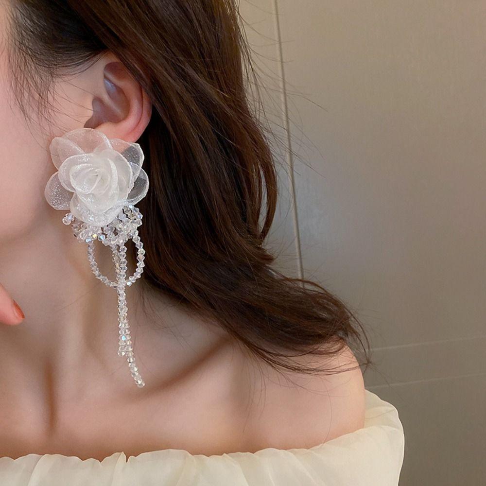 Light Luxury Tassel Earrings Long Crystal Dangle Earrings High-end Gauze Flower Earrings  Daily