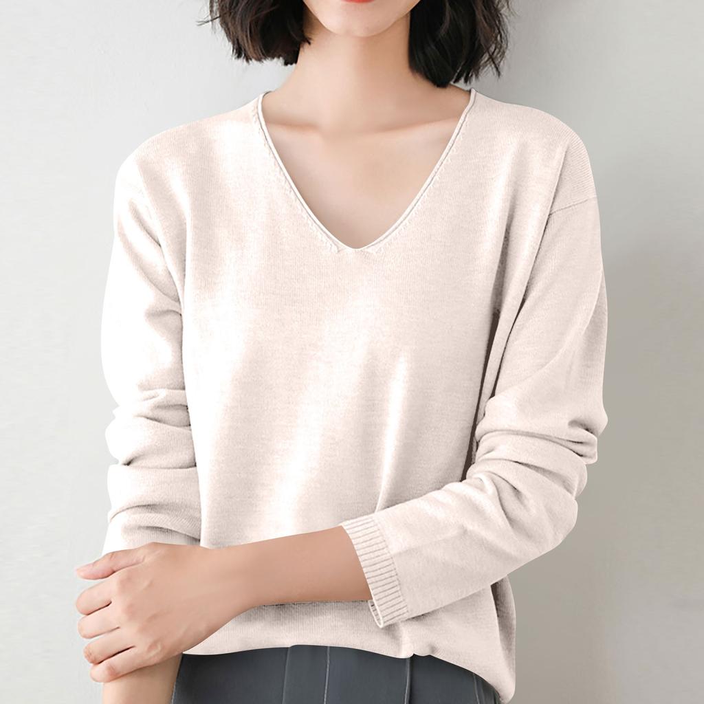Women's Fashion Loose Knit Sweater Bottom Shirt V-Neck Pullover Long Sleeve Solid Color Top