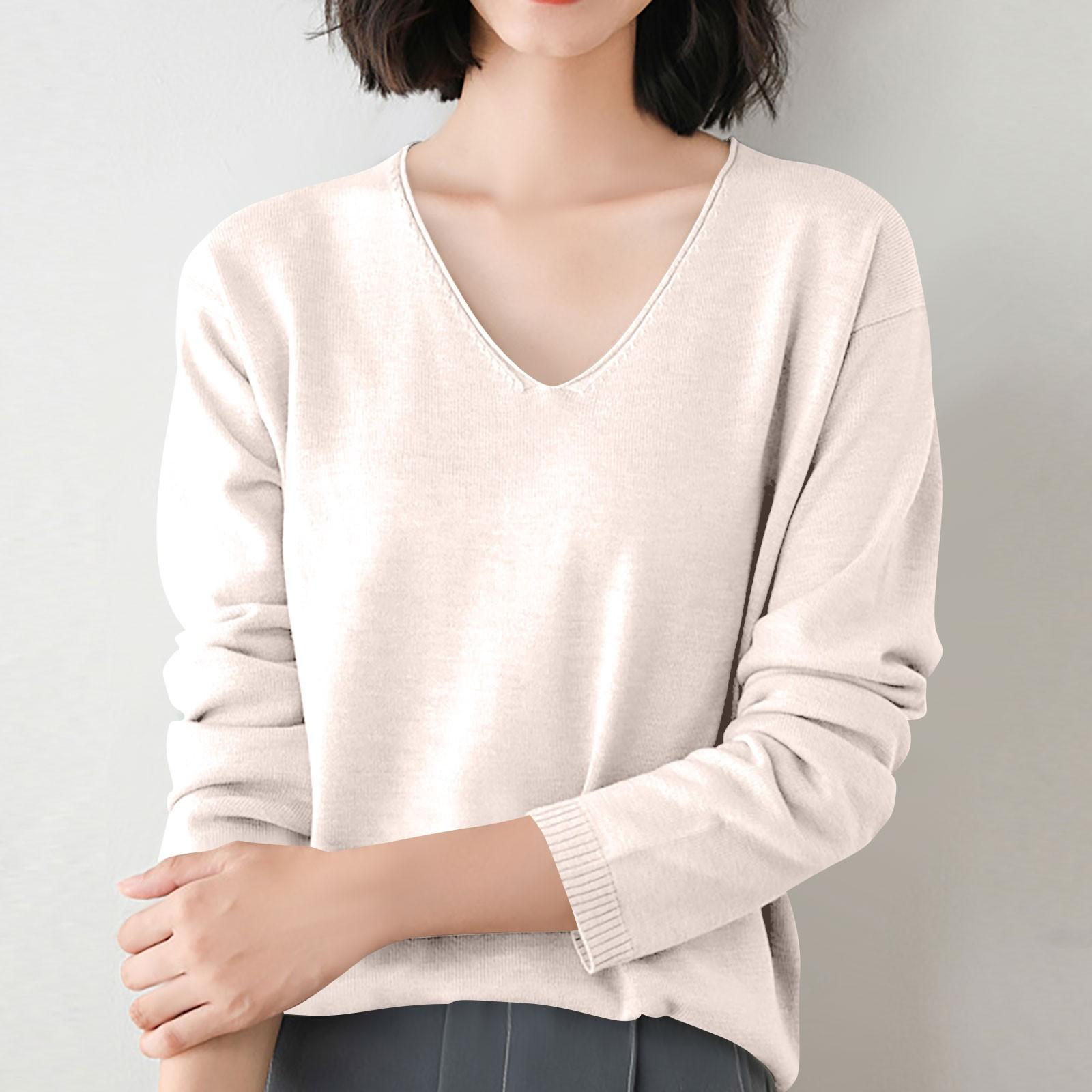 

Женская мода свободный трикотажный свитер нижняя часть рубашки V-образный вырез пуловер длинный рукав однотонный топ L бежевый