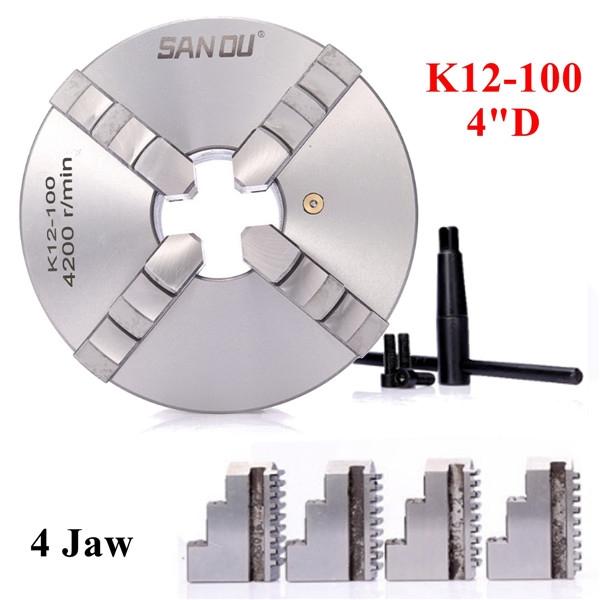 K12-100 SANOU 100mm Lathe Chuck  4 Jaw Self-centering Chuck Hardened Reversible Tool Silver New