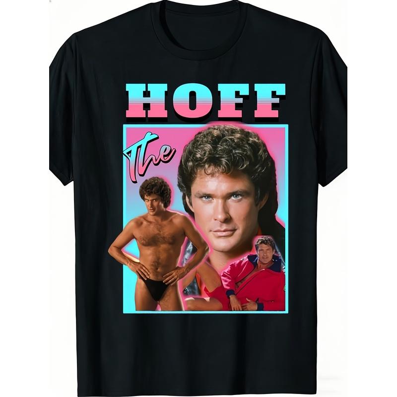 T-shirt Nera Unisex Casual Girocollo con Grafica Popolare Retrò di The Hoff, Realizzata in Tessuto Leggermente Elastico, Adatta Sia per Uomini Che