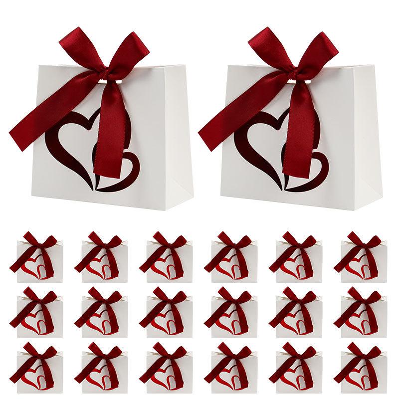 10Pcs Valentine's Day Gift Treat Paper Boxes With Ribbon Party Favor Heart Design Goodie Gift Boxes For Wedding Anniversary
