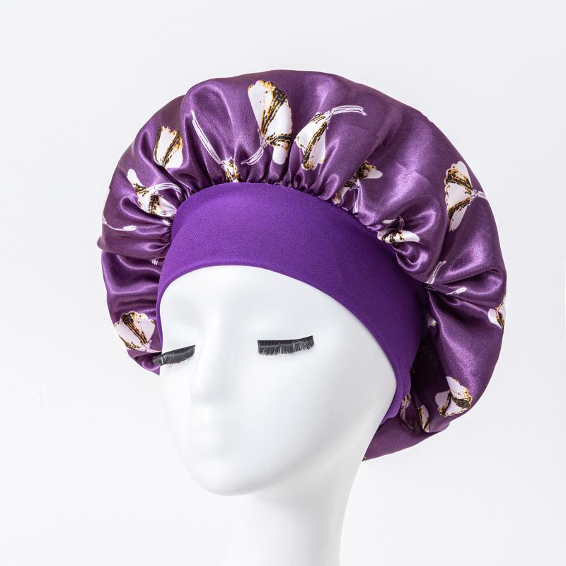 European American Print Satin Sleep Cap - Wide Brim Silky Hair Protection Hat for Women