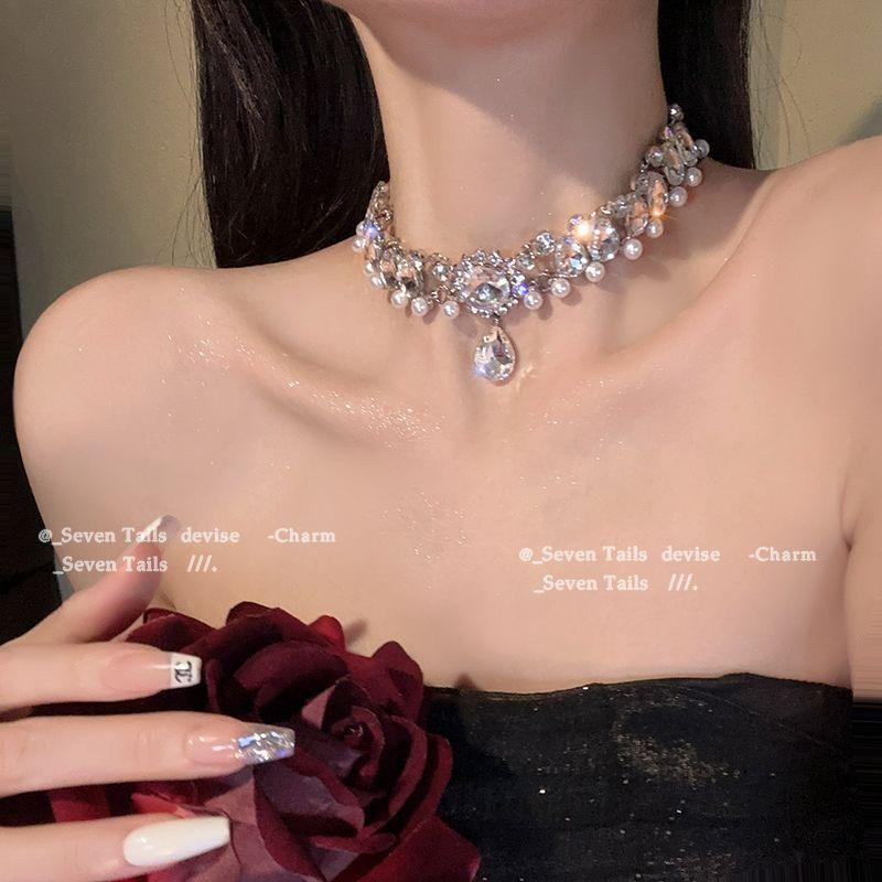 Κολιέ Choker από Κρύσταλλο και Μαργαριτάρι, Κρεμαστό Δάκρυ, Νυφικό Κοσμήμα για Γυναίκες