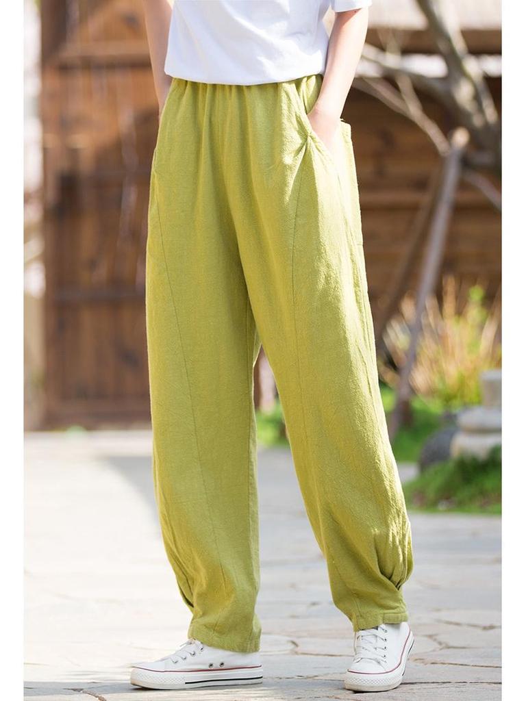 2025 Spring & Summer Loose Fit Ramie-Cotton Women's Yoga Pants - Sand-Washed Casual Bloomers