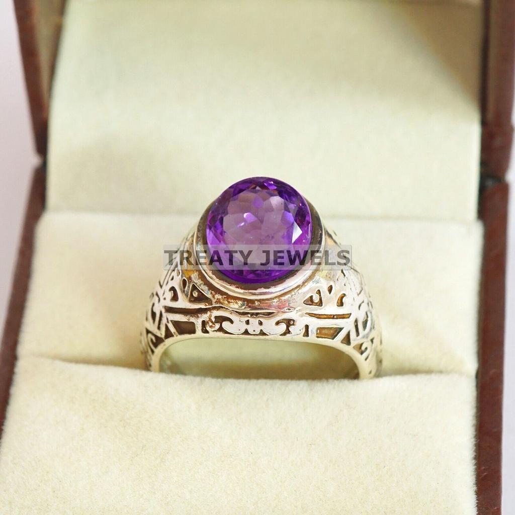 Amethyst Oval geschliffener Edelstein mit 925er Sterling Silber Ring für Herren #A672 JL375658840031
