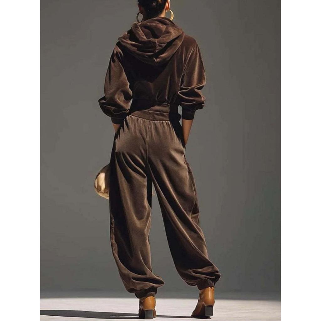 New Women's Velvet Casual Set Hooded Long Sleeve Top + Cuffed Trousers