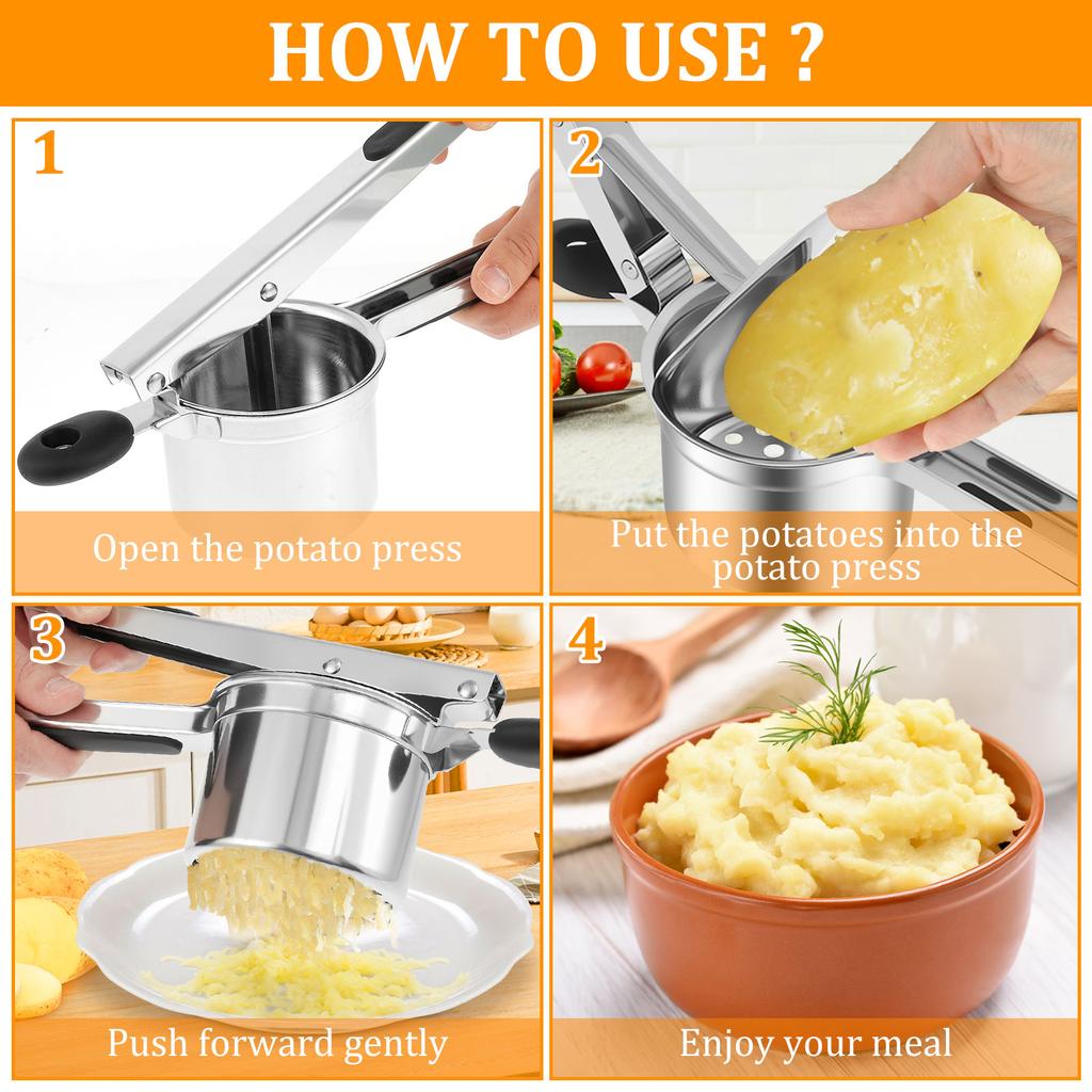 Manuelle Kartoffelpresse aus Edelstahl mit 4 Scheiben und rutschfestem Griff – ideal zum Kartoffelpüree-Herstellen.