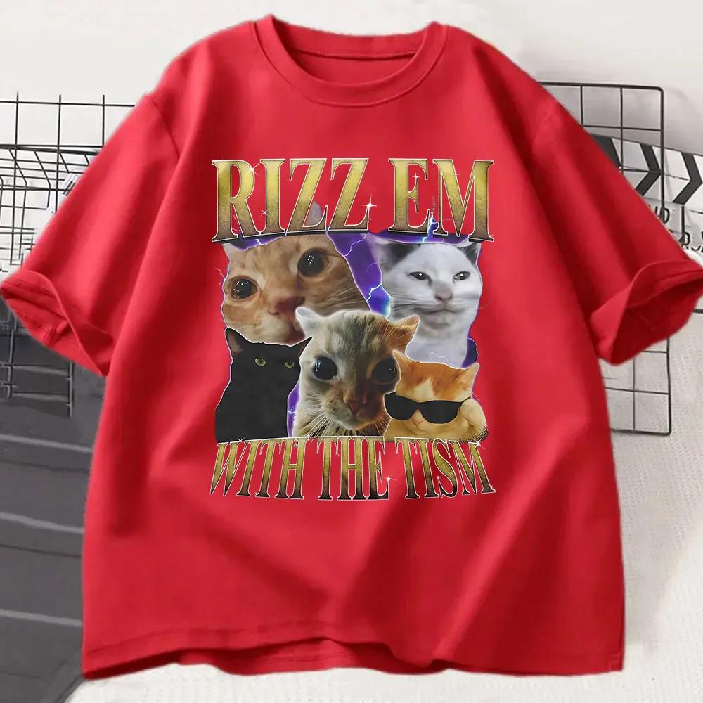 Rizz Em With The Tism Tshirt Retro Funny Cat Meme Summer T Shirt Short Sleeve Harajuku Short Sleeve Casual Aesthetic Clothes