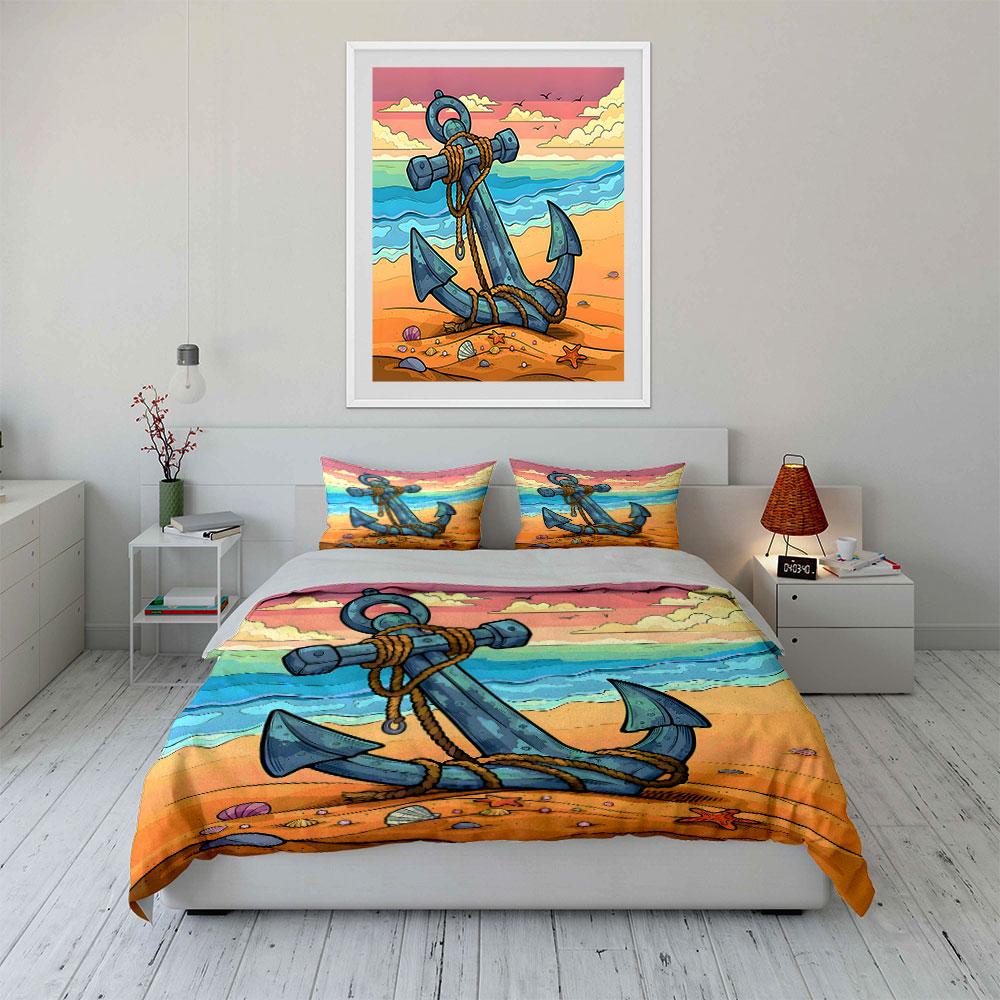 Anchor on sandy beach. Bedding sets Duvet cover sets Duvet covers Pillowcases(1*Duvet Cover 2*Pillowcases without duvet insert)