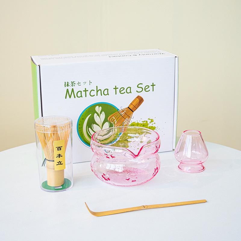 

4-8PCS Japanese Matcha Tea Set Bow Blue Glass Bowl Whisk Holder Safe Bamboo Whisk Brush Teaware Gift Box for Tea-Making Tools