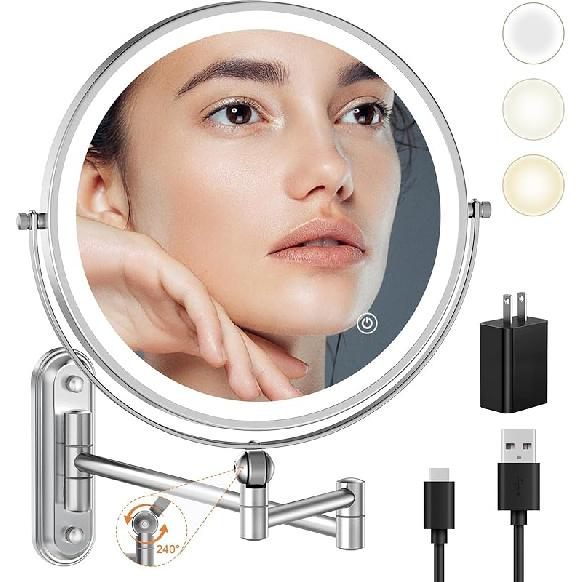 9  Wall Mounted Makeup Lighted Mirror, 4000mAh Rechargeable Double Sided LED Vanity Mirror with Height Adjustable&1X/10X Magnification, 3 Color 9inch-chrome