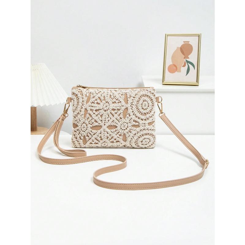

New bohemian versatile hollow messenger woven bag retro casual beach flower shoulder women s bag абрикосовий