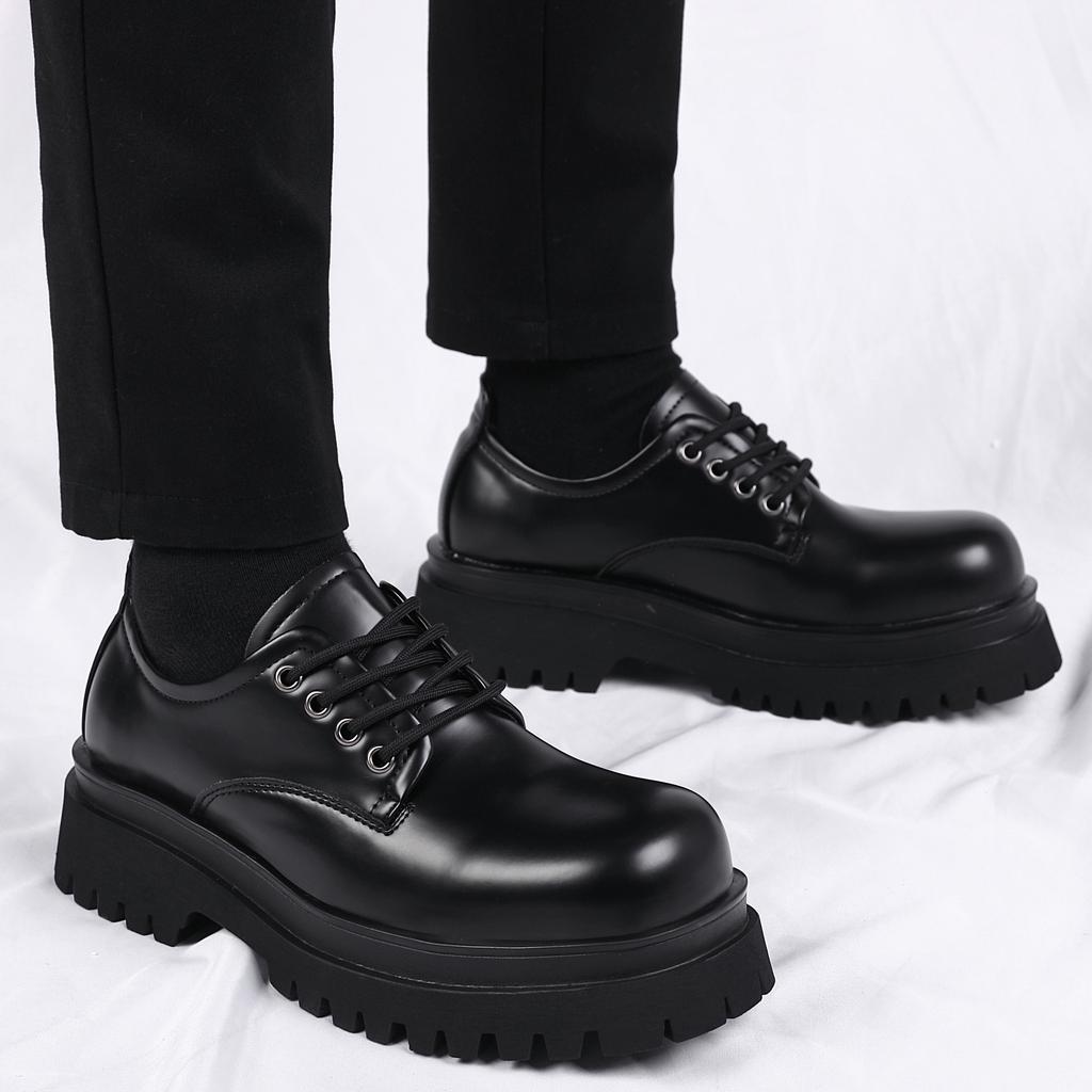 2025 New Men's Shoes Trendy Brand High-end Big Head Leather Shoes Black Low-top Martin Shoes Casual Platform Derby Shoes