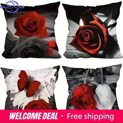 Stylish Red Rose Print Pillow Covers For Home Decor ,,Sofa And Chair Cushion Covers, Home Bedroom Room Decoration