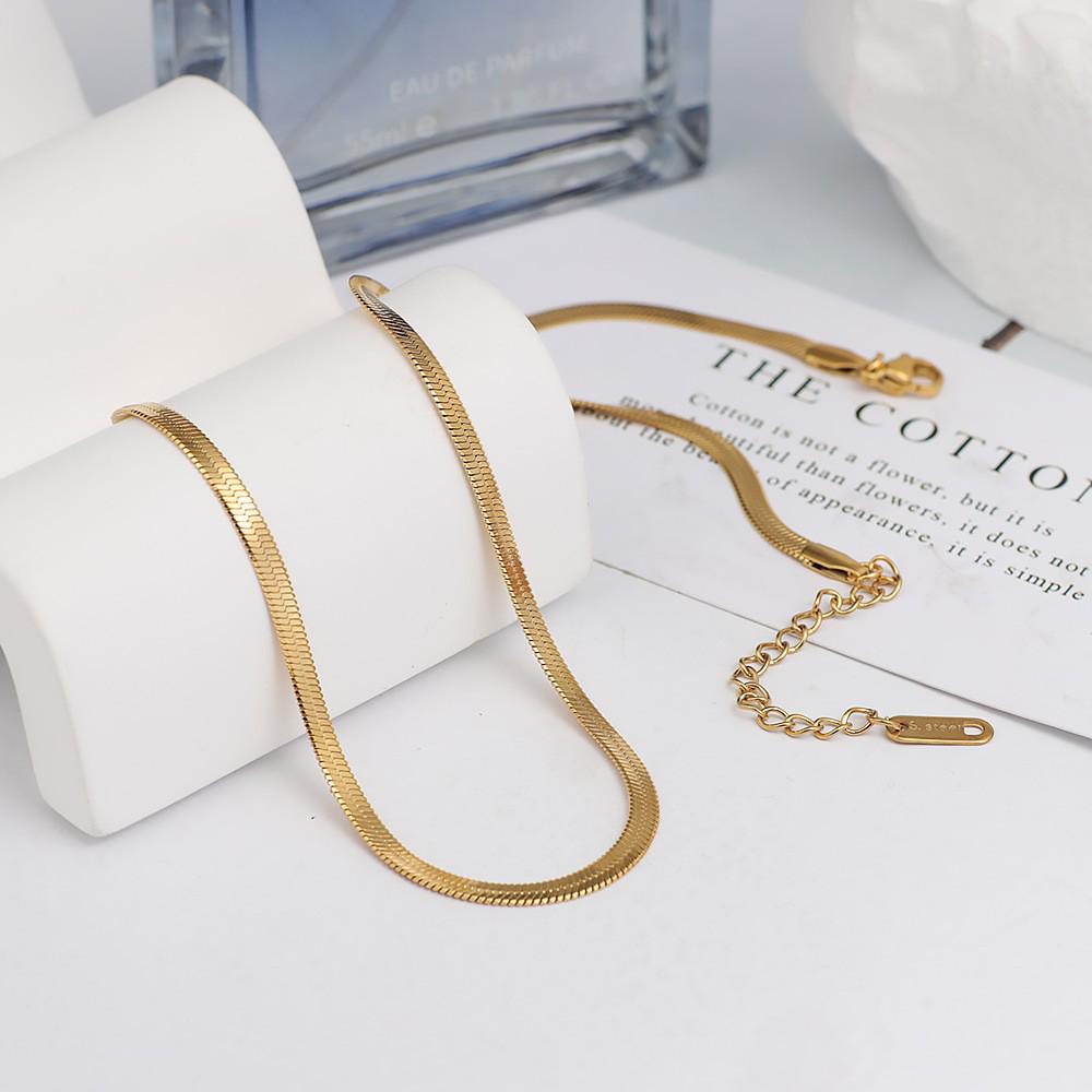 Gold Plated Flat Snake Chain Jewelry Set: Stainless Steel Necklace & Bracelet