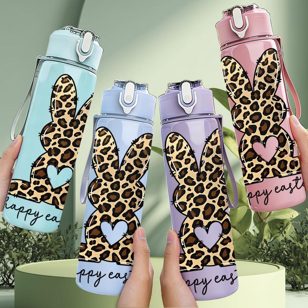 1PC Leopard Bunny Happy Easter 750ml Color Plastic Sports Water Bottle Leakproof Flip Straw Lid Suitable for Sports Office Home Use