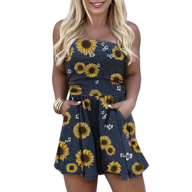 Women's Strapless Tube Top Elastic Waist Abstract Print Short Romper Casual Pocket Jumpsuit