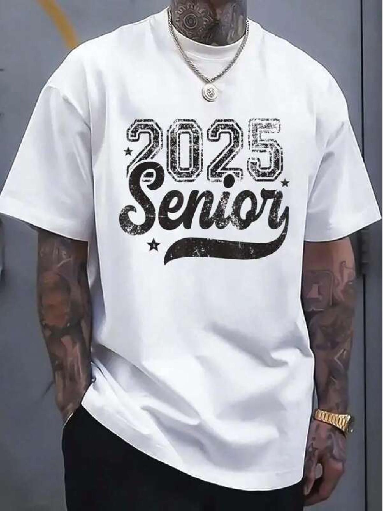 

2025 Senior Class of Cotton T-shirt - White with Black Graduation Cap & Diploma Print XL