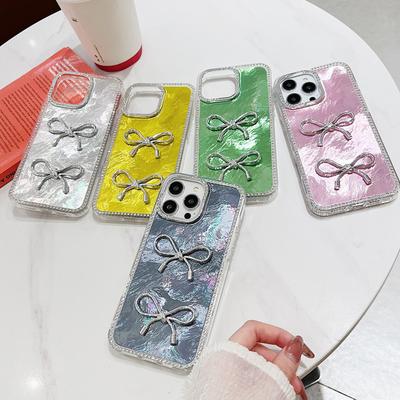Applicable To IPhone16proMax Laser Feather Bow Mobile Phone Case Apple 15 Flashing Powder Diamond Anti Fall Protection Case
