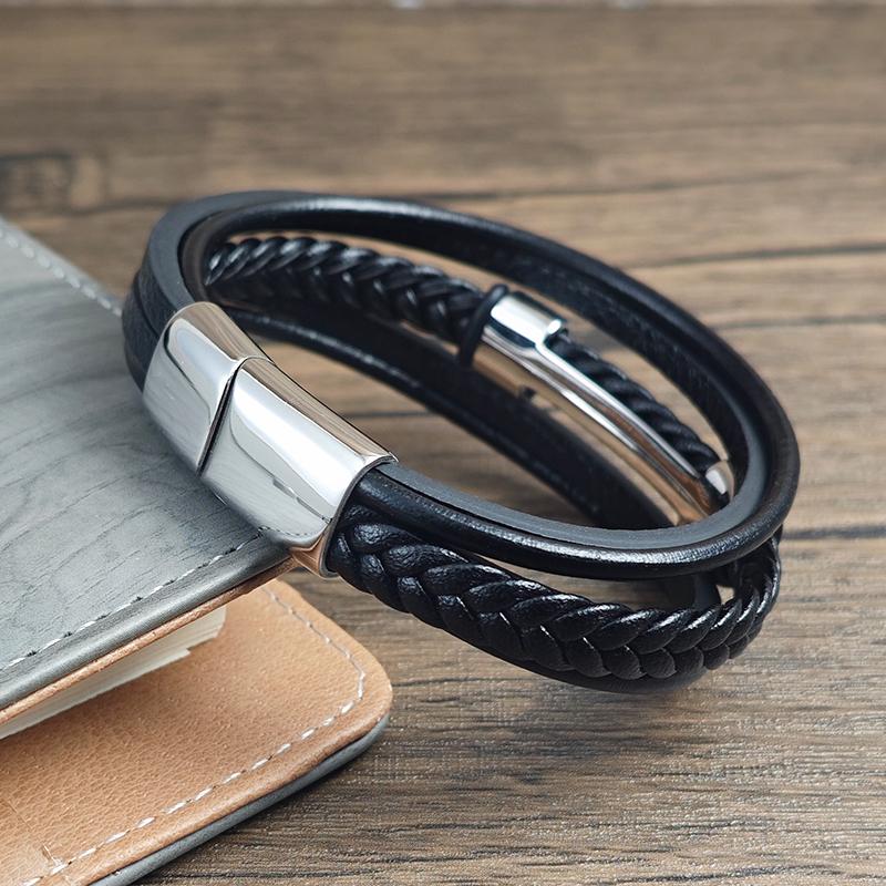 Charm Black Leather Multi-layer Rope Woven Men's Bracelet Stainless Steel I-shaped Magnetic Buckle Men's Jewelry Gift Bracelet