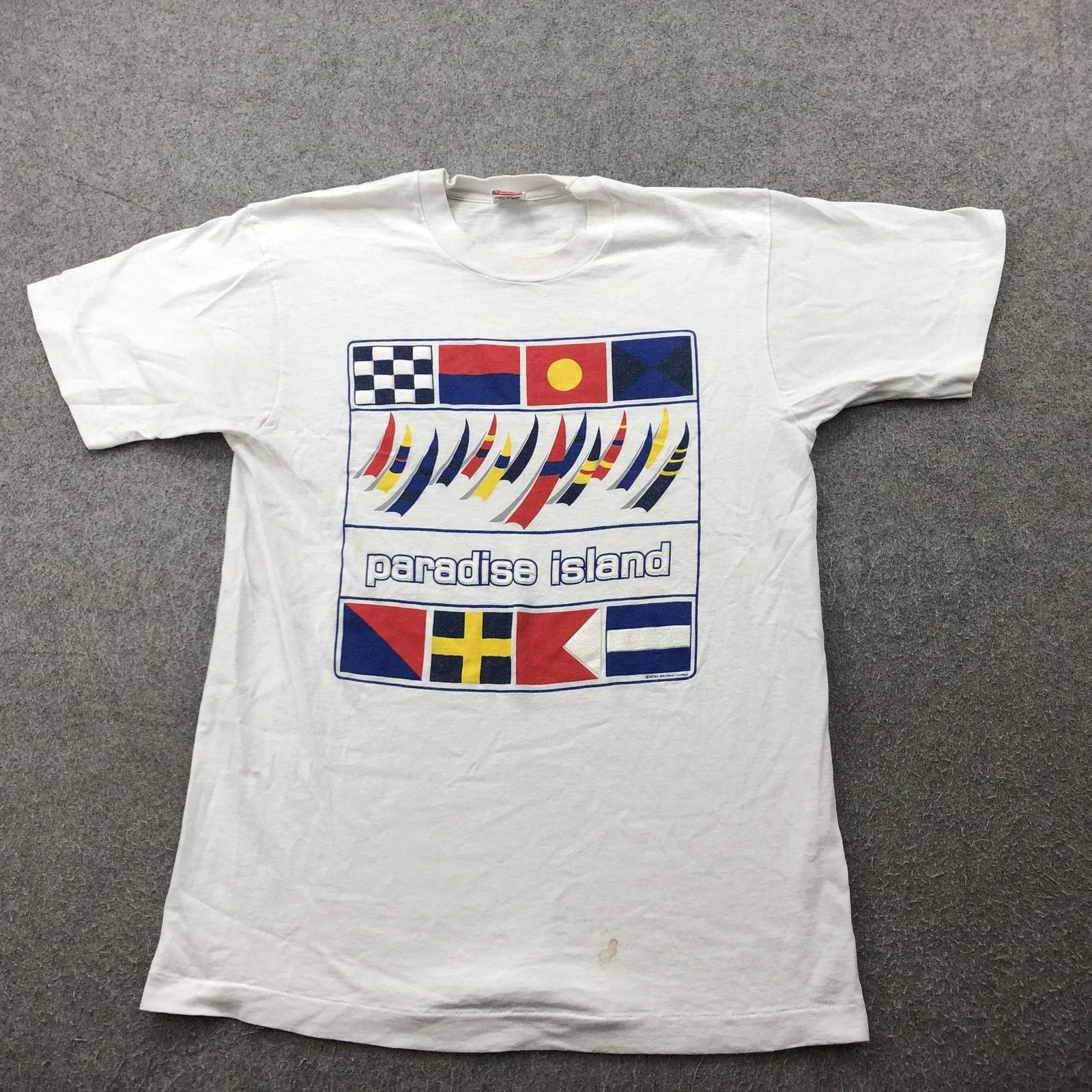 

Vintage Paradise Island Shirt Mens Large Nautical Signal Flags Fruit of the Loom L
