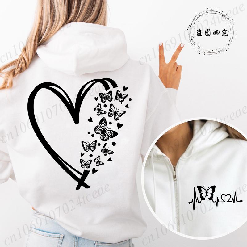New Fashion Zipper Hooded Hoodie Clothes Butterfly Heart Printed Fashion Sweatshirts Casual Fashion Zip Up Jackets Coat Tops