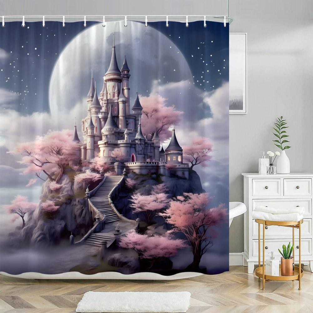 Chinese Landscape Shower Curtain Ink Painting Bamboo Landscape Cherry Blossom Writing Landscape Shower Curtains Bathroom Decor