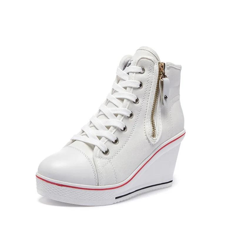 Fashion Autumn 8cm Platform Wedges Shoes Woman Canvas Round Toe Side Zipper Casual Fashion Retro Office Lady Brand Design High Quality