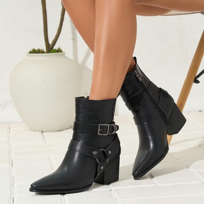 Womens Chunky Heel Pointed Toe Ankle Boots With Belt Buckle Detail PU Leather Winter Fashion Size 35-43