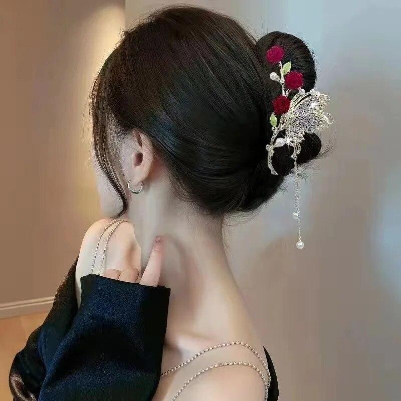 Vintage Velvet Red Rose Hair Claws For Women Luxury Metal Clamp Clip Barrettes Hairpins New Rhinestone Hair Accessories Headwear