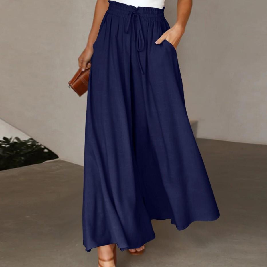 Womens Wide Leg Trousers Summer Culottes Elastic High Waist Flowy Palazzo Trousers Loose Flared Pants with Pockets