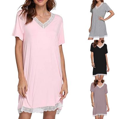 Fashion Ladies Women 'S V Neck Nightshirt Sleepwear Soft Sleepwear Short Sleeve Nightgown Solid Color Dress