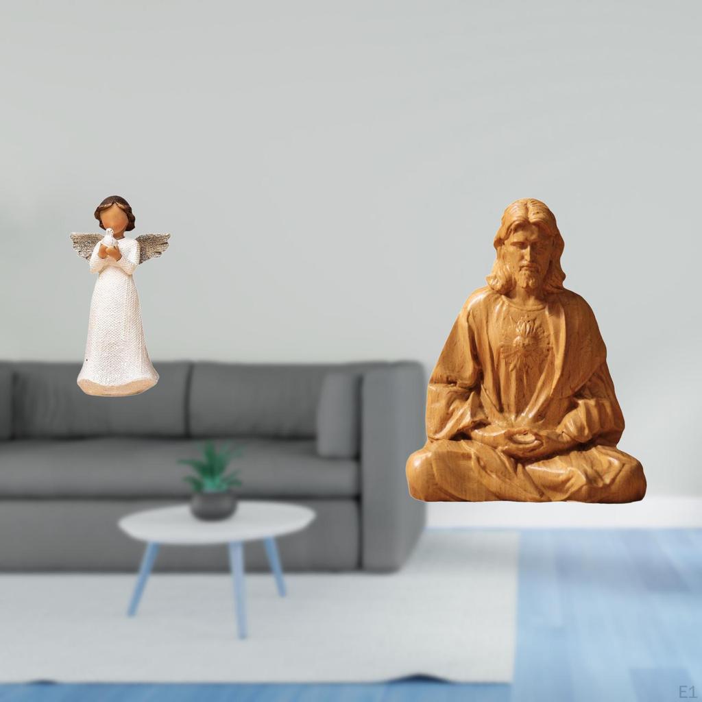 Cherub Resin Sculpture with Sacred Heart Jesus Figure for Living Room Hallway Office Desk Fireplace