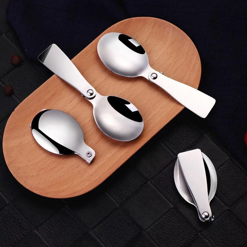 Portable Foldable Spoon Silver Stainless Steel Picnic Camping Folding Spoon For Outdoor Hiking Travel Tableware Kitchen Supplies
