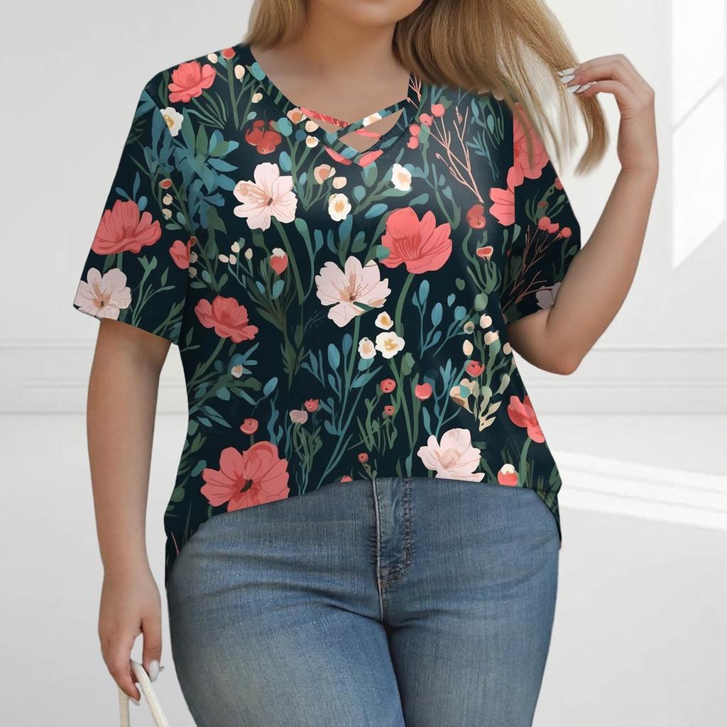 Women's Fashion Casual Solid Colour Stripe Printed V-Neck Short Sleeve Large Size T-Shirt Top