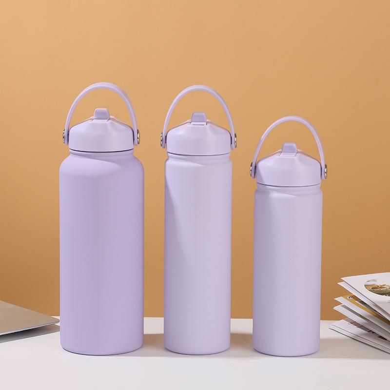 0.5-1L Stainless Steel Sports Water Bottle Wide Mouth Leakproof Insulated Flask with Detachable Straw Carry Handle Gym TravelCup