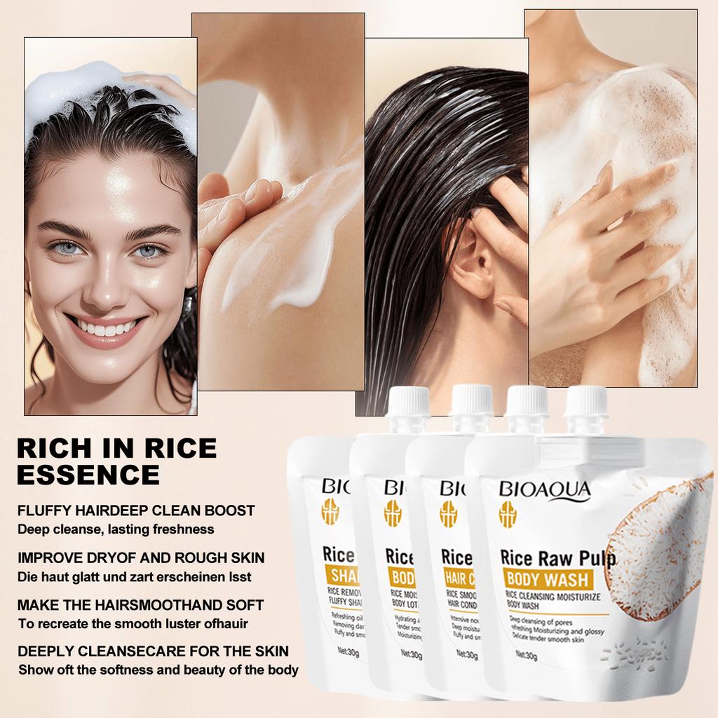 Kroppstvätt/schampo/balsam/bodylotion med rispuré rengör och återfuktar och avlägsnar djupt smuts från huden