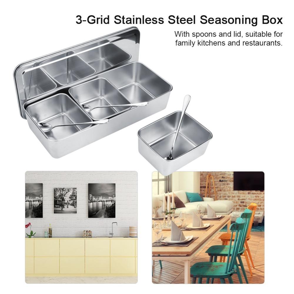 With Lids Stainless Steel Seasoning Box 3 Compartment Condiment Container Box  For Restaurant