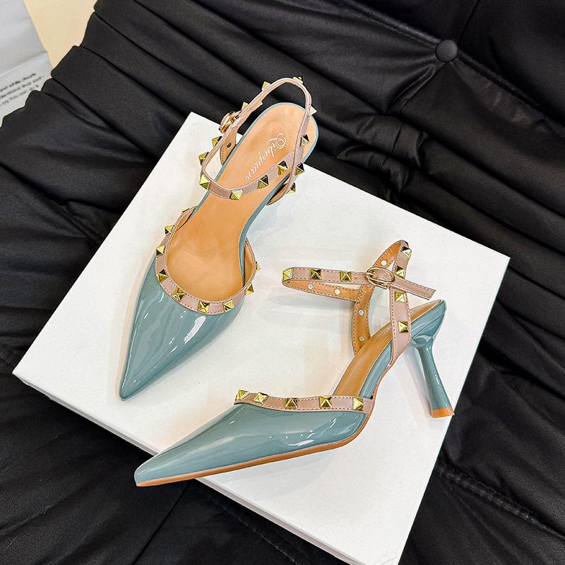 

Туфли на высоком каблуке с заклепками и одним словом, сексуальные, 2025, новые, большого размера, женские туфли, летние, французские, сандалии с пустым носком 35 светло-синий