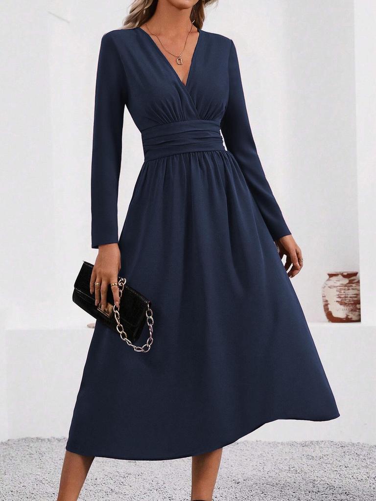 Elegant Women's V-Neck Long Sleeve Ruched Waist Dress for Autumn/Winter