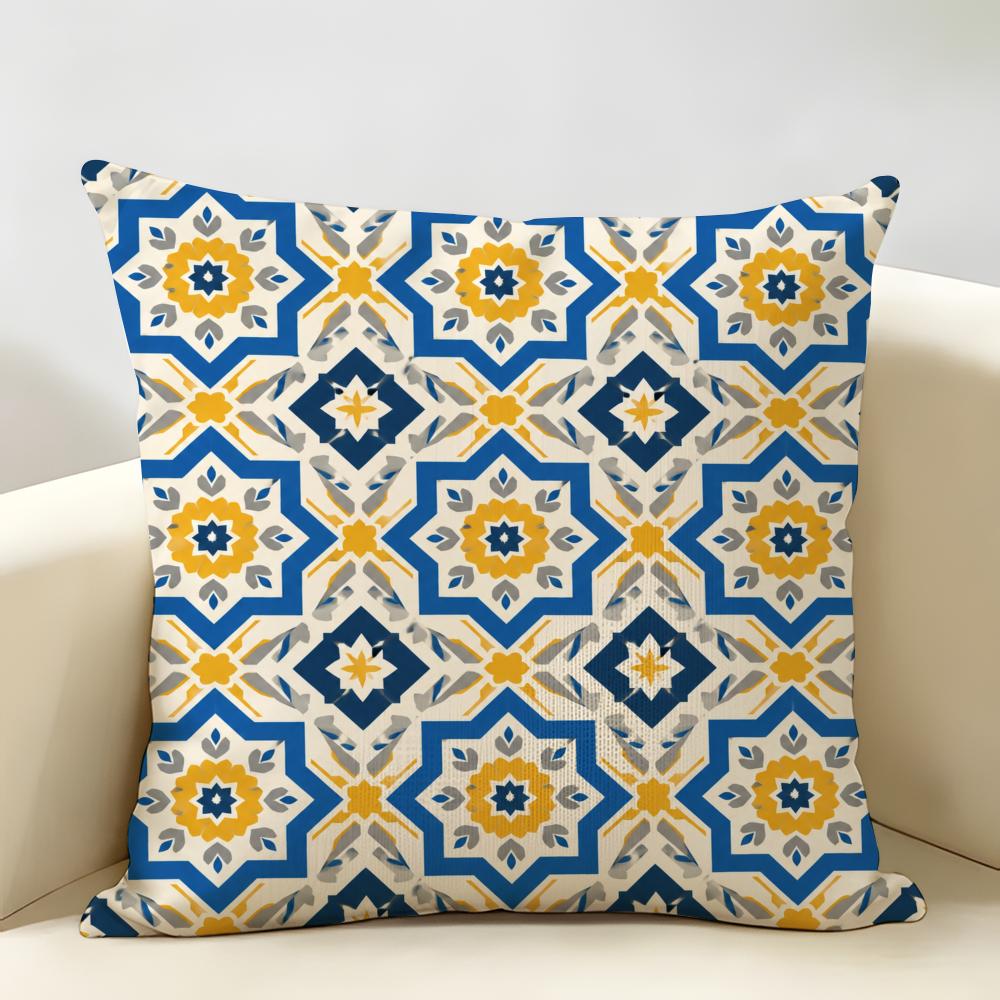 Bohemian Tile Print Cushion Cover Durable Hypoallergenic Organic Linen Short Pillow Cover Washable