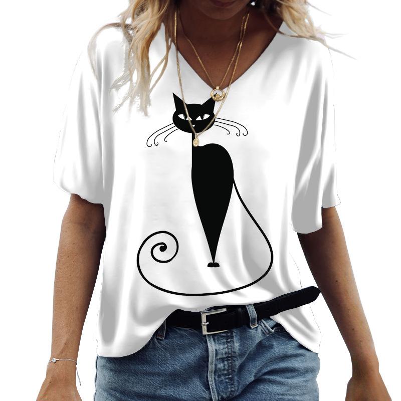 Kawaii Cute 3D Printed Cat Women's T-shirt Women's Clothing Short Sleeve V-neck Summer T-shirt
