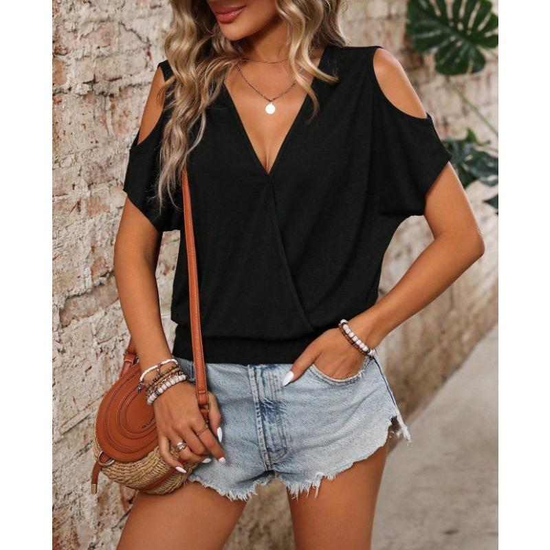 Nuovo Top Estivo a Maniche Corte Scollo a V Fuori Spalla da Donna Design Largo Casual e Confortevole Modellante