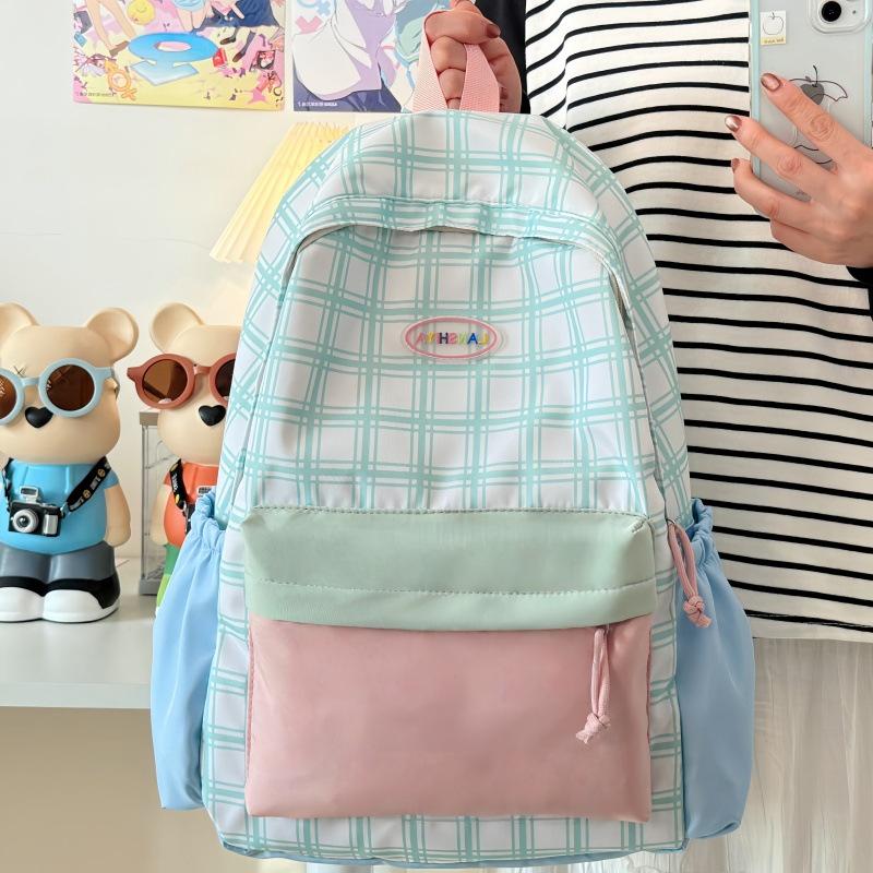 Schoolbag high value ins fresh and sweet plaid contrasting color splicing backpack junior high school high school lightweight backpack student