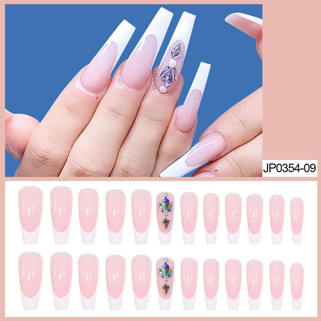 European And American Spot Manicure, Ballet Coffin Nail, French Manicure, White French Colored Diamond Fake Nails