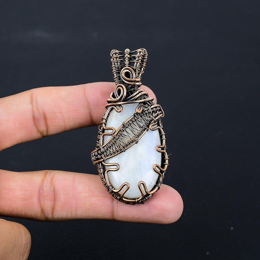 Mondstein-Edelstein, reiner Kupferdraht, umwickelt, handgefertigter Anhänger-Schmuck zum Verschenken