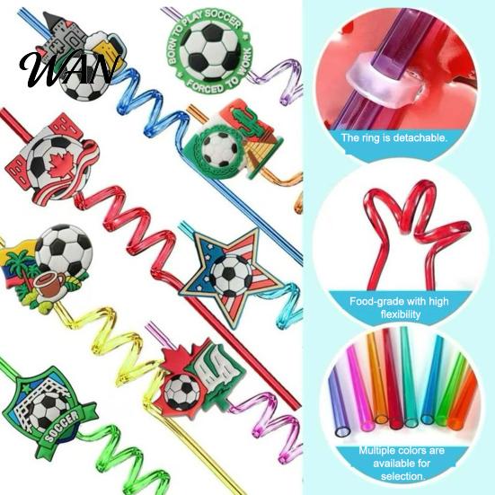 Colorful Spiral Straw 5Pcs Soccer Straws, Reusable Drinking Straws for National Flag Birthday Party, Football Theme Party Celebration Beverage