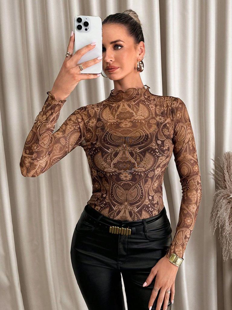 2025 Women's Sexy Leopard Print Mesh Trim Bodysuit Top
