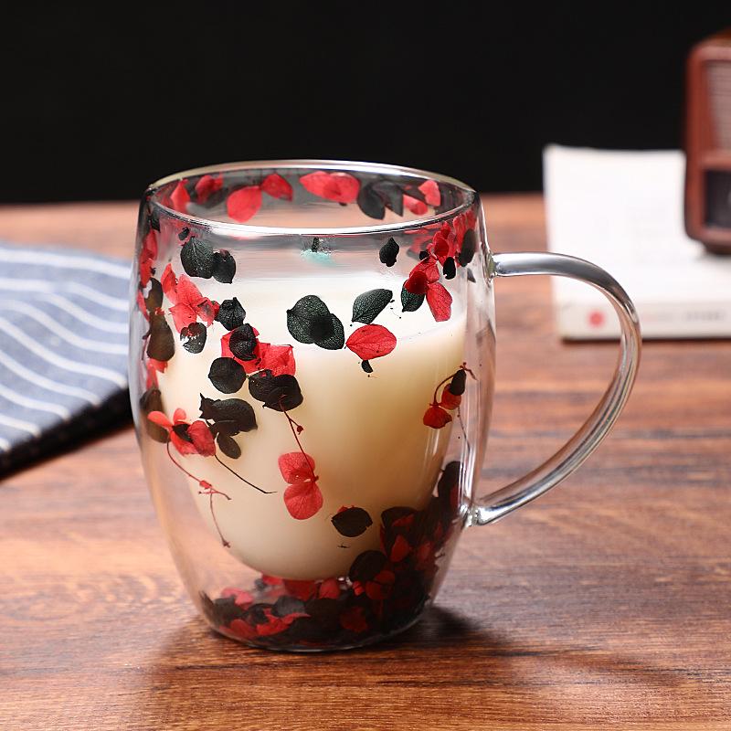 Dried Flower High Borosilicate Double Wall Glass Mug Heat Resistant Coffee Cup